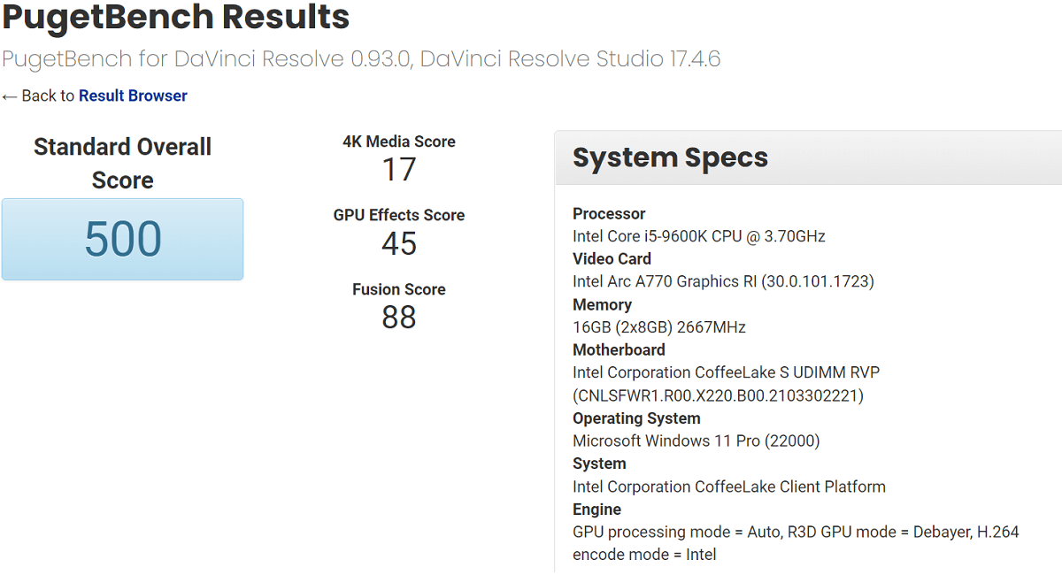 Intel ARC A770 PugeBench DaVinci