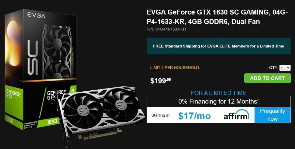 EVGA GTX 1630 pricing