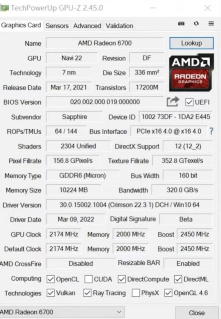 SAPPHIRE Radeon 6700 GPU-Z