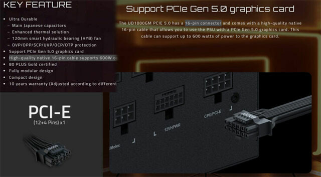 Thông tin về bộ nguồn Gigabyte UDM1000GM PG5 tương thích PCIe Gen5 