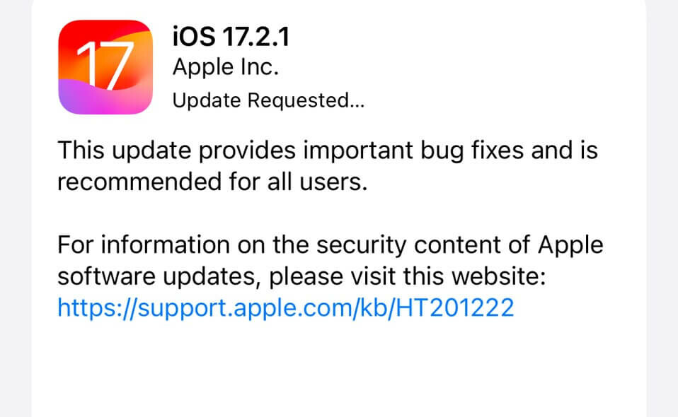 iOS 17.2.1 update