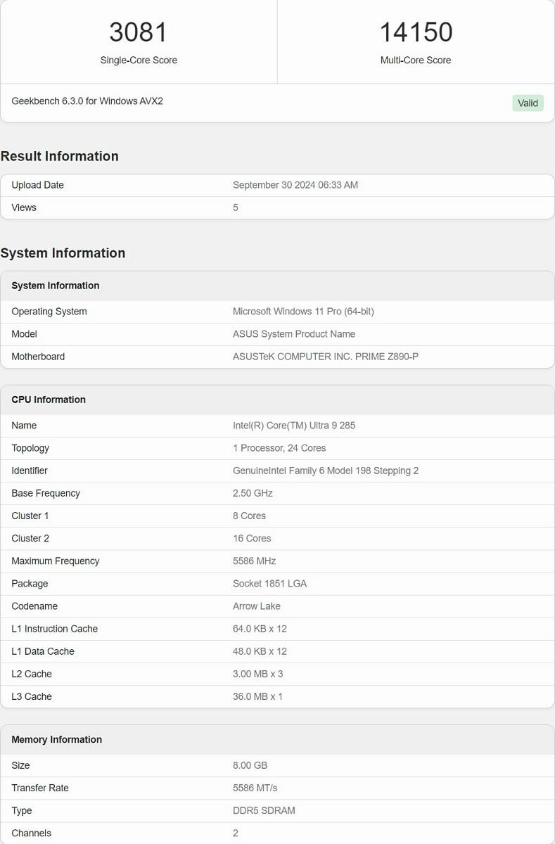 Intel Core Ultra 9 285 Arrow Lake GeekBench 6