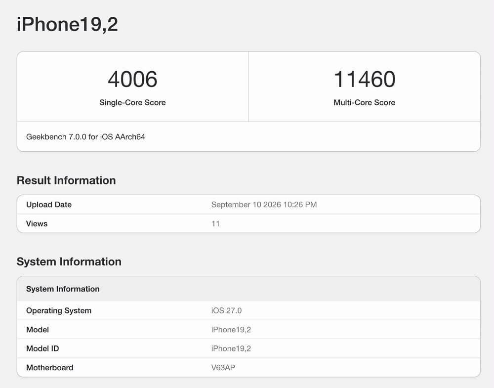 Apple A20 Pro Geekbench 7 leak