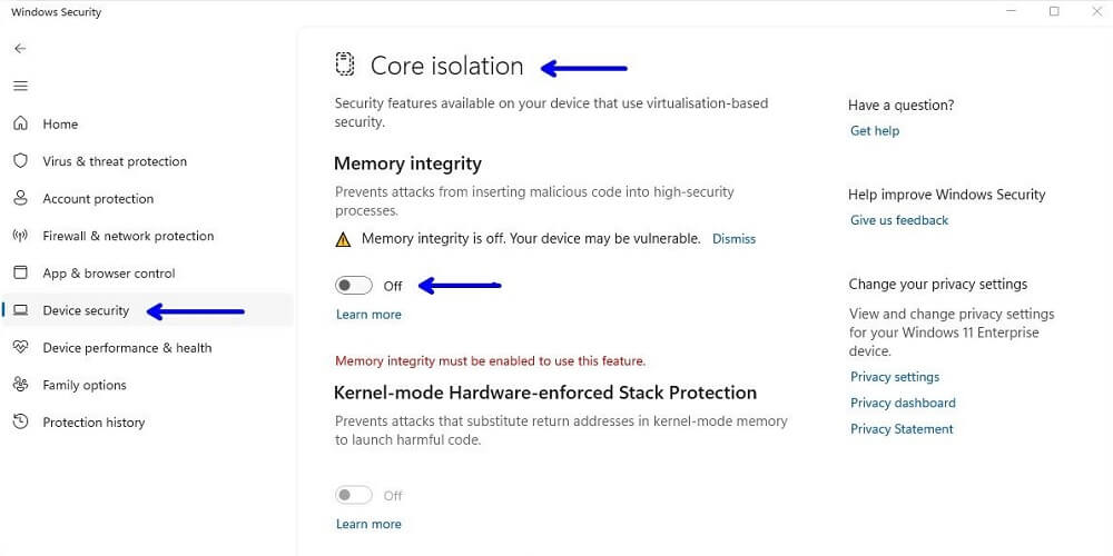 Memory Integrity windows 11